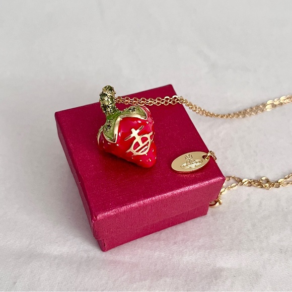 Strawberry Enamel Gold-Tone Pendant Necklace 👚 - Picture 4 of 5
